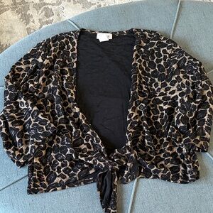 Vintage Vejaiz Black and Tan Open Blouse - Metallic Animal Print - Size Large
